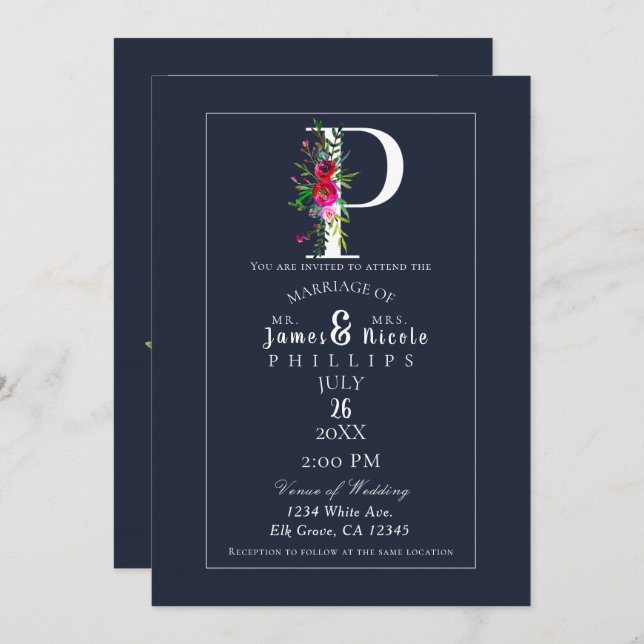 P Monogram Last Initial Modern Blue Floral Wedding Invitation (Front/Back)
