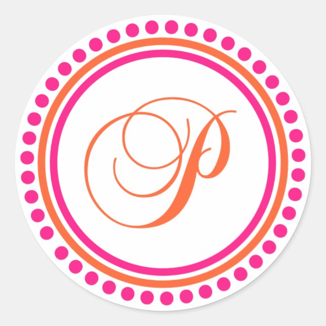 P Monogram (Pink / Orange Dot Circle) Classic Round Sticker (Front)