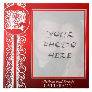 P Monogram "White Lace on Red" with Photo - Tile