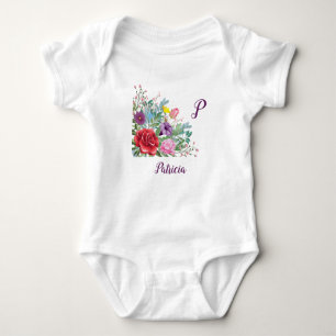 P Patricia Personalise Letter Name, Rose Flowers Baby Bodysuit