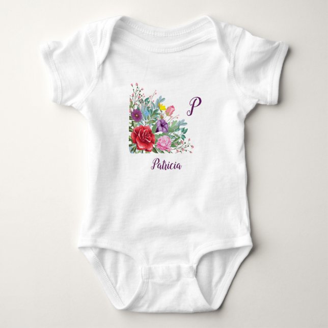 P Patricia Personalise Letter Name, Rose Flowers Baby Bodysuit (Front)