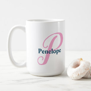  "P" Pink Fancy Script Monogram with Navy Name Coffee Mug