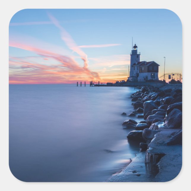 Paard van Marken lighthouse in a blue sunrise Square Sticker (Front)