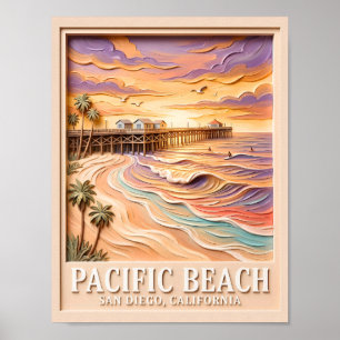 Pacific Beach San Diego 3D Textured Surfing Travel Poster