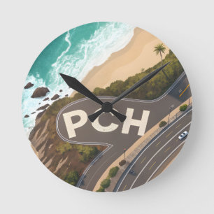 Pacific Coast Highway Aerial Travel Art Round Clock