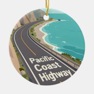 Pacific Coast Highway Graphic Travel Art Ceramic Tree Decoration