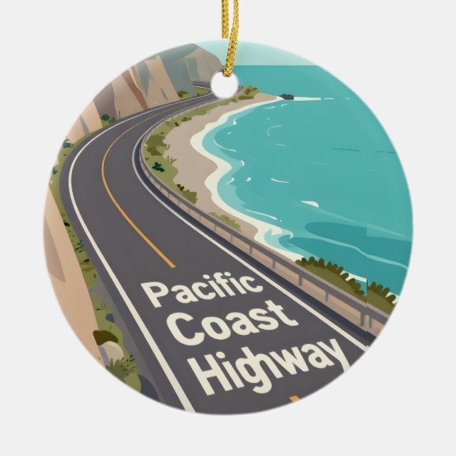 Pacific Coast Highway Graphic Travel Art Ceramic Tree Decoration (Front)