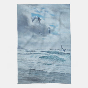 Pacific coast seascape, beach, seagulls, waves tea towel