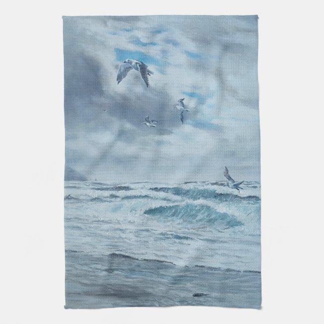 Pacific coast seascape, beach, seagulls, waves tea towel (Vertical)