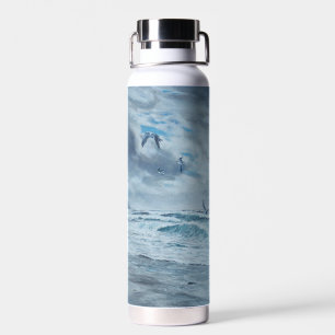 Pacific coast seascape, beach, seagulls, waves water bottle