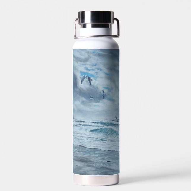 Pacific coast seascape, beach, seagulls, waves water bottle (Back)