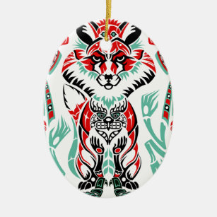 Pacific North Coastal Native American Indian Fox Ceramic Tree Decoration