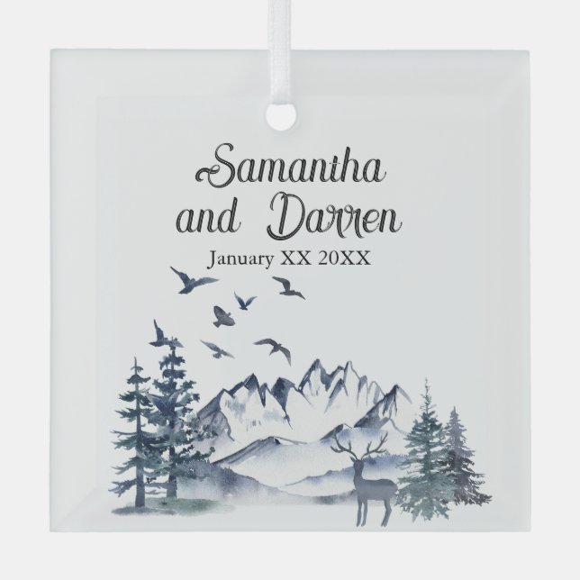 Pacific Northwest Rocky Mountains Wedding Glass Tree Decoration (Front)