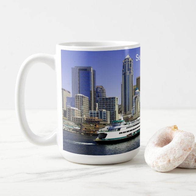 Pacific Northwest Seattle Ferry & Buildings Coffee Mug (With Donut)