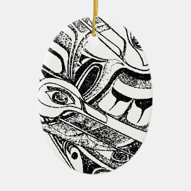 Pacific NW Coast Native Totem Raven and Seagull Ceramic Tree Decoration (Front)