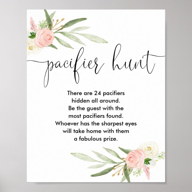 Pacifier hunt baby shower game sign pink gold (Front)
