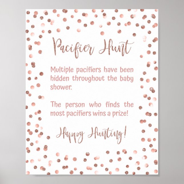 Pacifier Hunt Baby Shower Game Sign Rose Gold (Front)