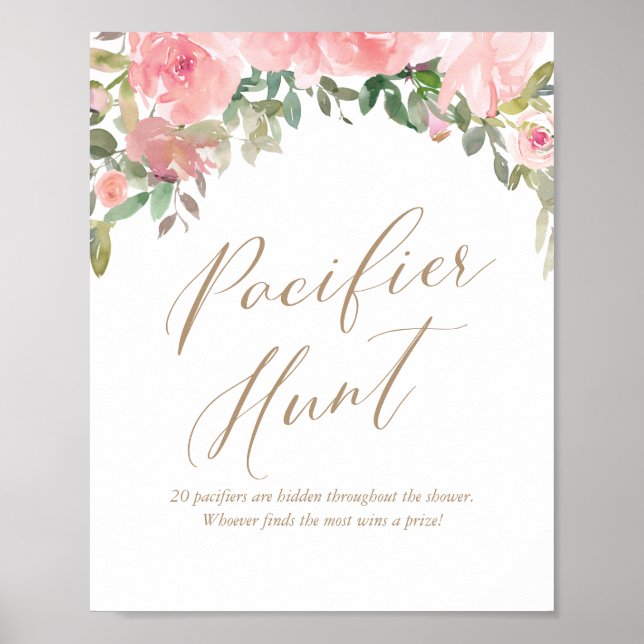 Pacifier Hunt Pink Floral Baby Shower Poster (Front)