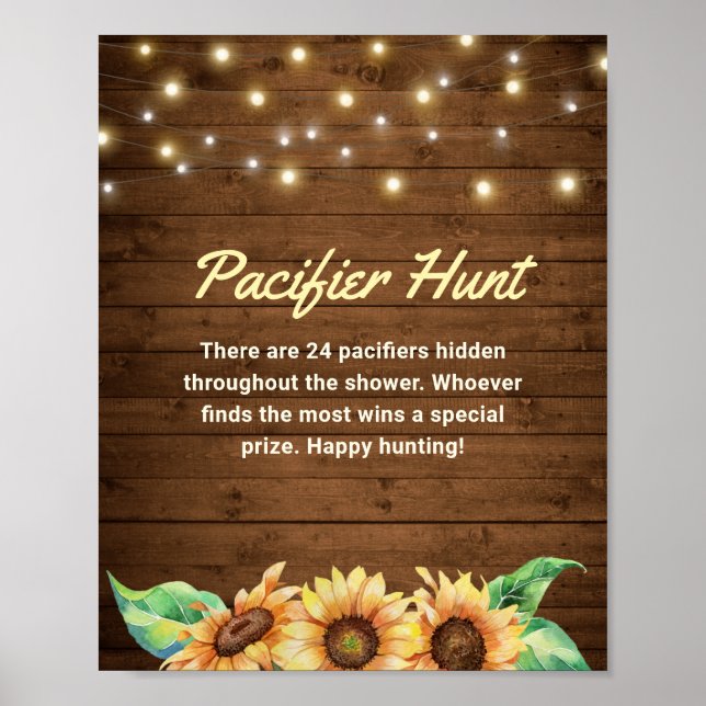 Pacifier Hunt Rustic Sunflower Yellow Baby Shower Poster (Front)
