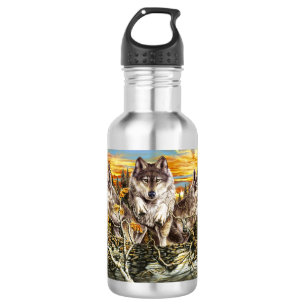 Pack of wolves jumping over a log 532 ml water bottle