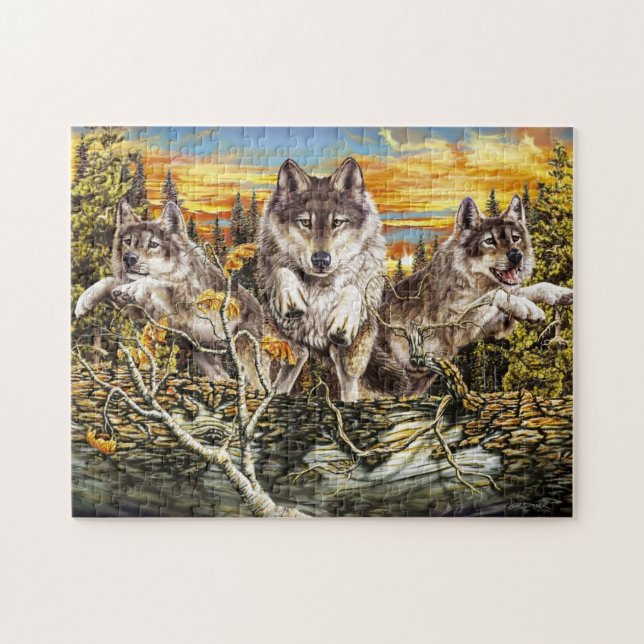 Pack of wolves jumping over a log jigsaw puzzle (Horizontal)