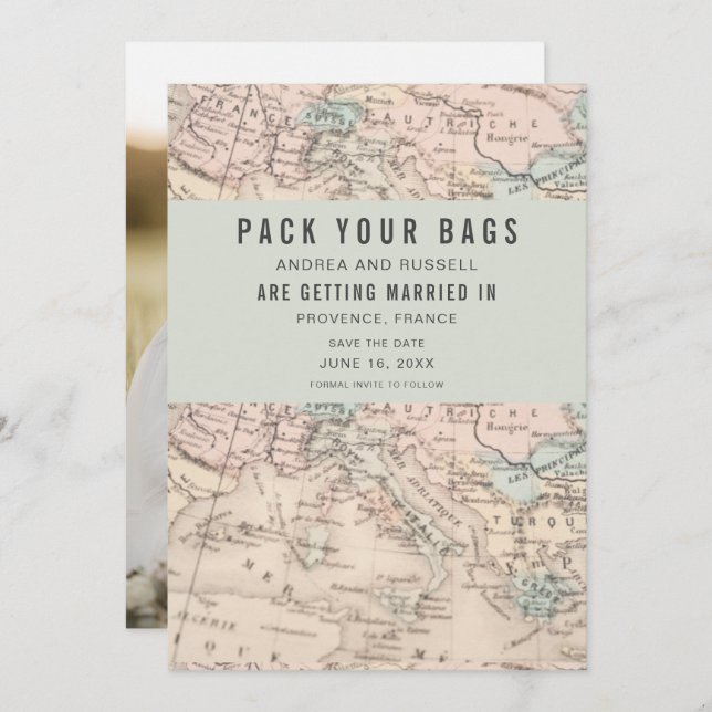 Pack Your Bags Europe Map Destination Wedding Save The Date (Front/Back)