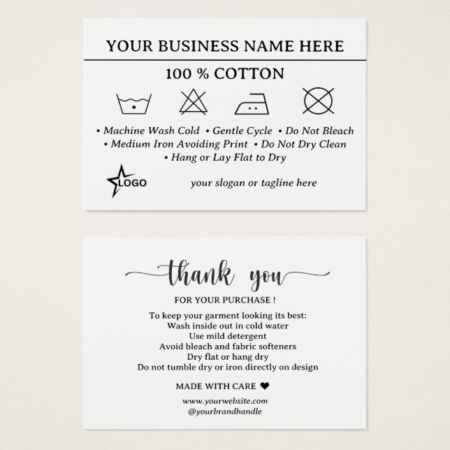 Package Insert Clothing Care Instruction Card (Front & Back)