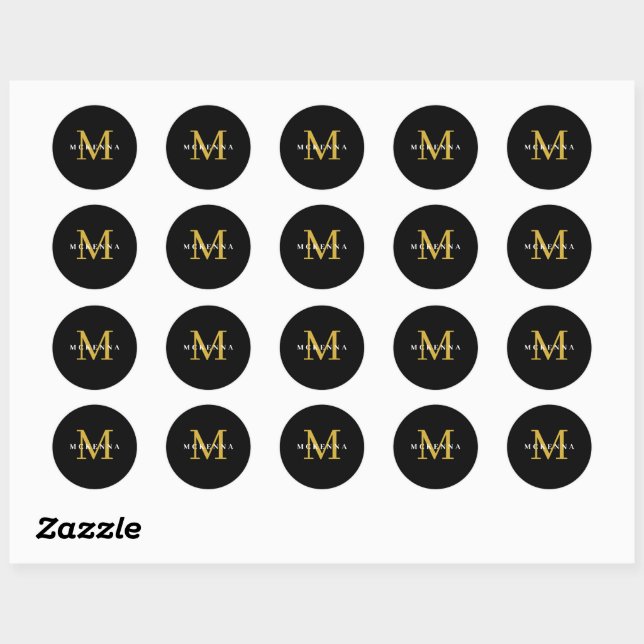 Packaging Sticker Custom Monogram Black Gold Round (Sheet)