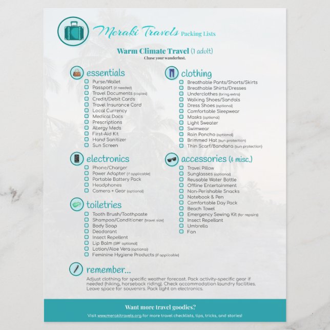 Packing List: Warm Climate Travel (1 Adult) (Front)