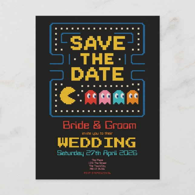 pacman retro personalized gaming 'save the date' holiday postcard (Front)