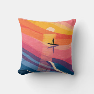 Paddleboard Sunset Ocean Waves Abstract Pillow