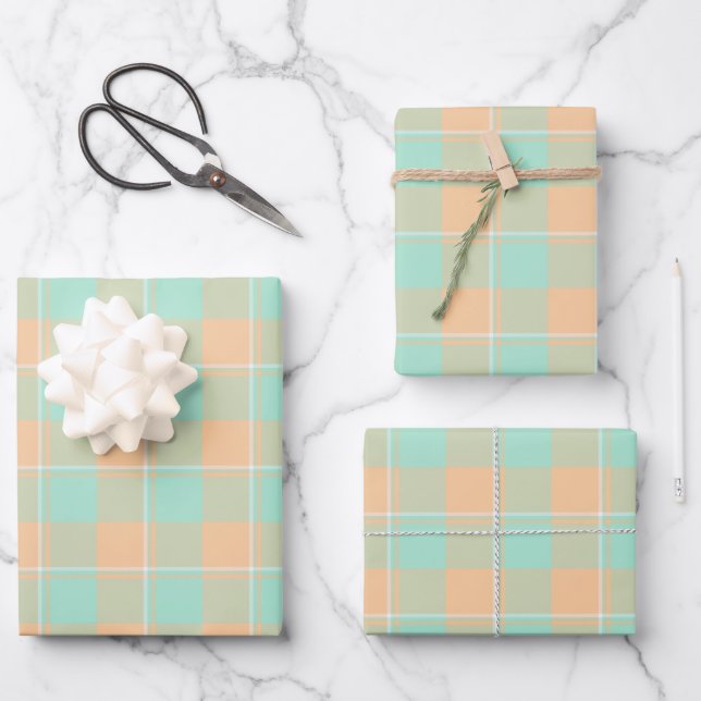 Padua Green and Corvette Peach Plaid Wrapping Paper Sheet (Front)