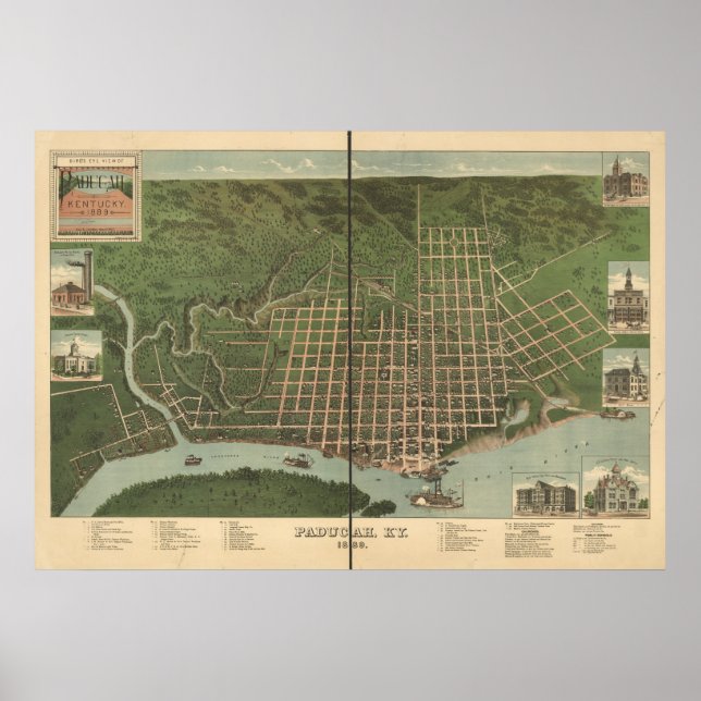 Paducah Kentucky 1889 Antique Panoramic Map Poster (Front)