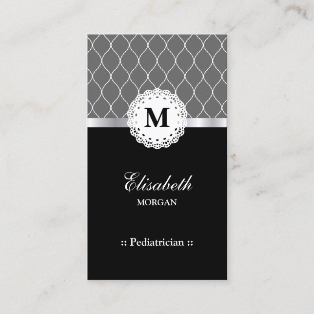 Paediatrician Elegant Black Lace Pattern Business Card (Front)