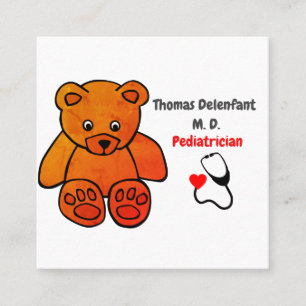 Paediatrician - orange teddy - stethoscope square business card