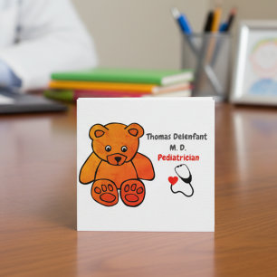 Paediatrician - orange teddy - stethoscope square business card