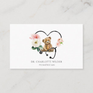 Paediatrician Teddy Bear Floral Stethoscope Business Card
