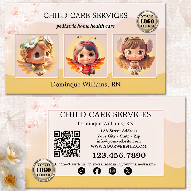 Paediatrics Child Care Nurse Daycare Photo Business Card (Business card for child care services with cute kids angels or your photos - QR code - social media)