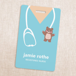 Paediatrics Nurse Blue Teddy Bear Scrubs  ID Badge