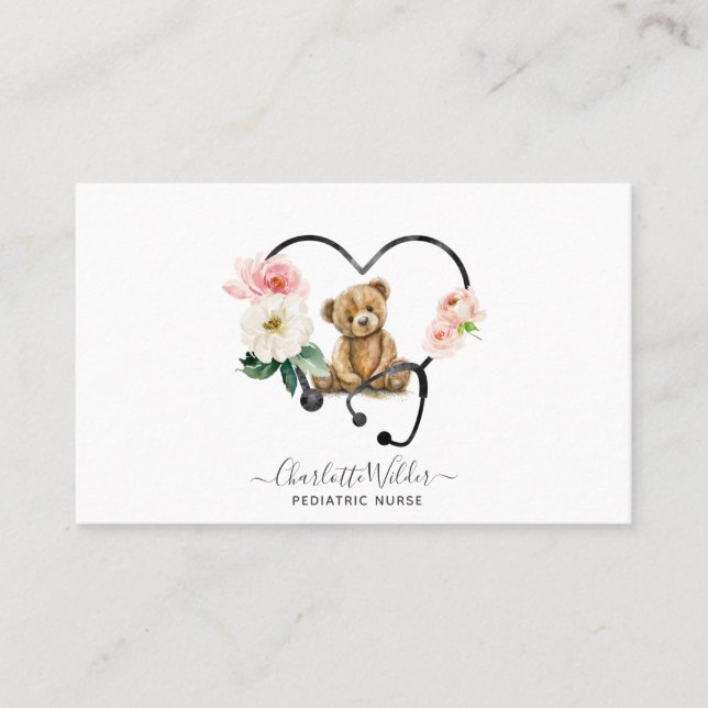 Paediatrics Nurse Teddy Bear Floral Stethoscope Business Card (Front)