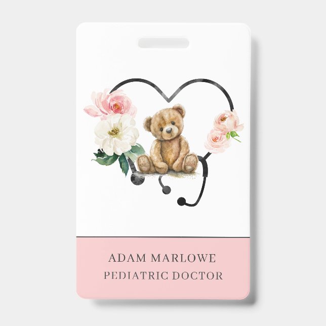 Paediatrics Nurse Teddy Bear Floral Stethoscope ID Badge (Front)