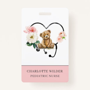 Paediatrics Nurse Teddy Bear Floral Stethoscope ID Badge