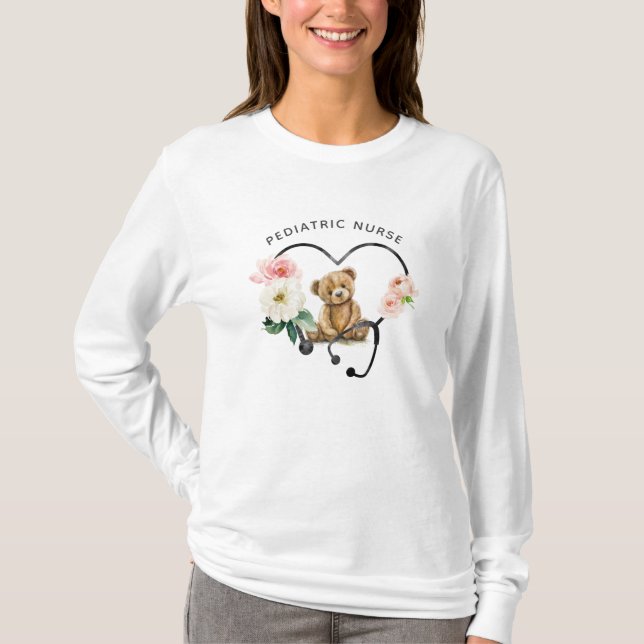 Paediatrics Nurse Teddy Bear Floral Stethoscope T-Shirt (Front)