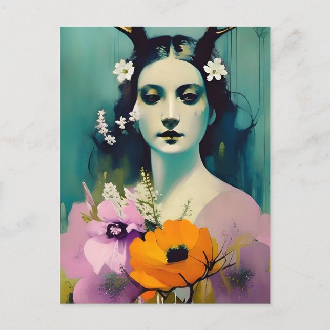 Pagan Woman Painting Pink Orange Flowers Postcard (Front)