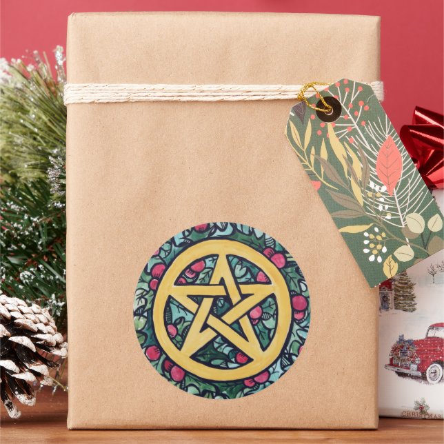 Pagan Yule Pentagram Classic Round Sticker (Holiday)