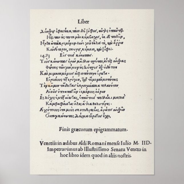 Page of Greek Epigrams by Angelo Poliziano, 1498 Poster (Front)