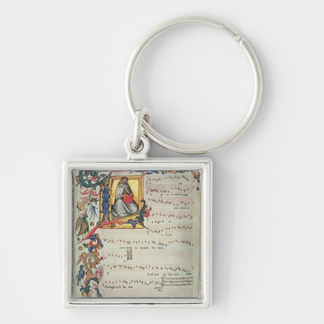 Page of musical notation with a historiated key ring (Front)
