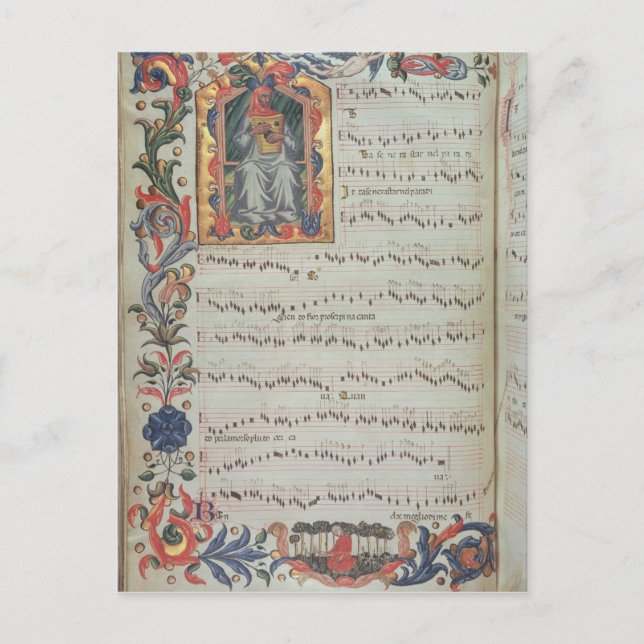 Page of musical notation with historiated postcard (Front)