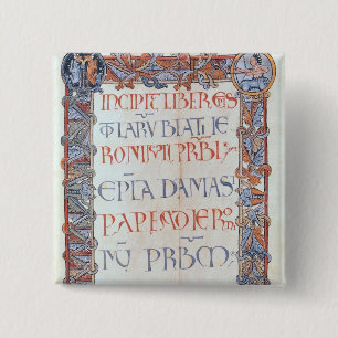 Page of text with a floriated border 15 cm square badge