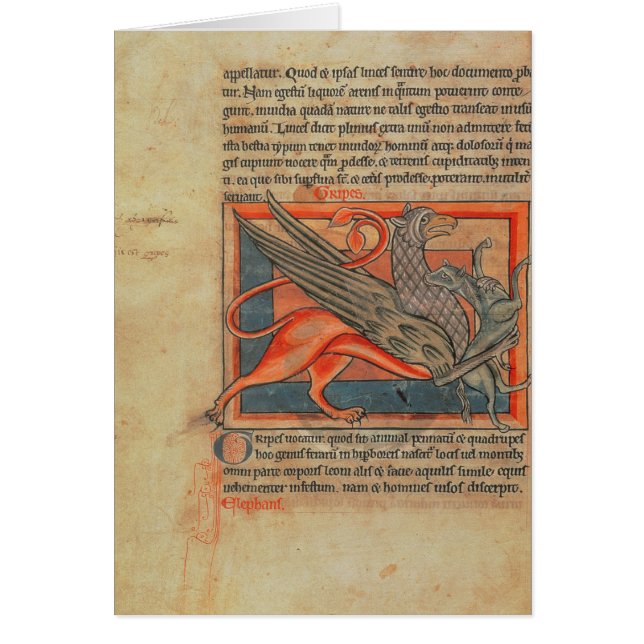 Page of text with an illustration of a griffin (Front)
